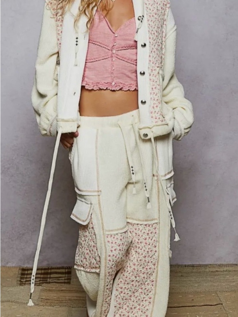 POL Cream Knit Jacket & Floral-Panel Pants Set with Pink Trim